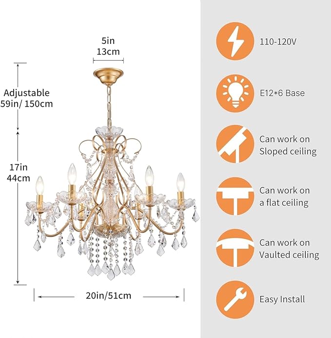AGV LIGHTING Crystal Chandelier Gold 6-Light Candle Style Chandelier Lighting with Clear Crystal Pendants Elegant Dining Room Chandelier Light Fixture for Bedroom Living Room Foyer