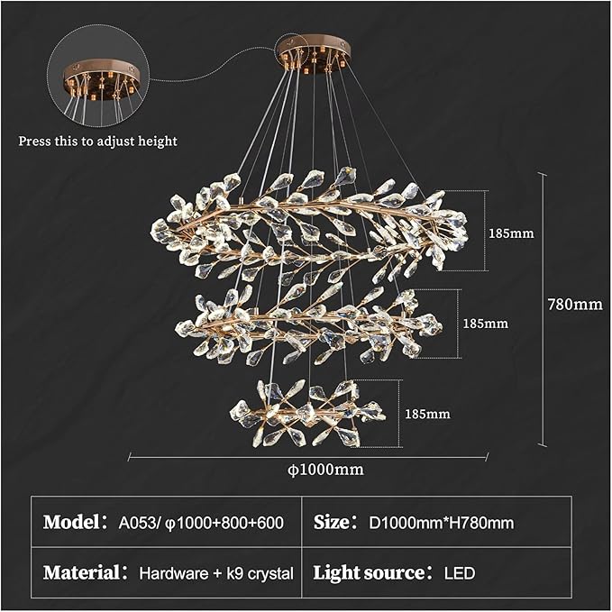 Luxury Modern Leaf Branch Round K9 Crystal Chandelier Ring for Living Room Dining Lobby Lights Vila(Cold White,60+80+100cm)