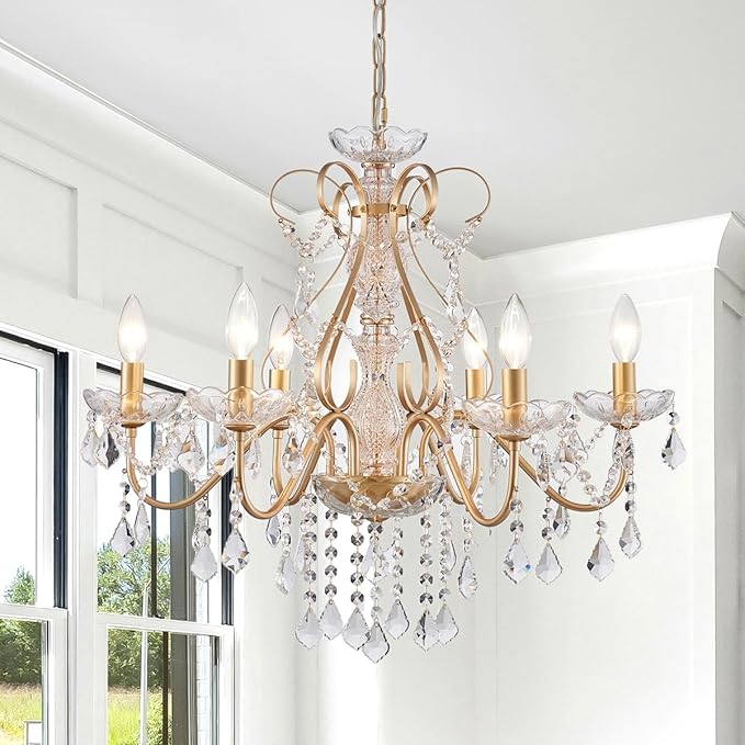 AGV LIGHTING Crystal Chandelier Gold 6-Light Candle Style Chandelier Lighting with Clear Crystal Pendants Elegant Dining Room Chandelier Light Fixture for Bedroom Living Room Foyer