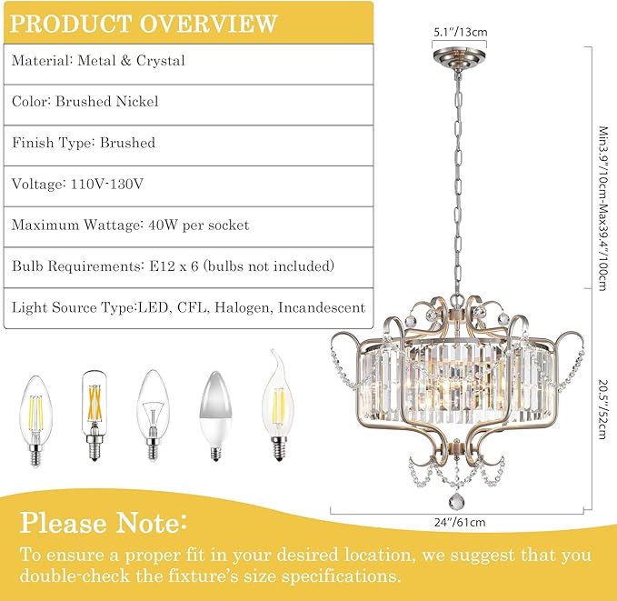 Crystal Modern Chandelier 6-Light 24" Round Brushed Nickel