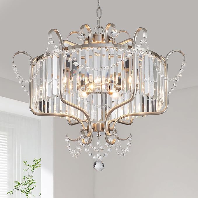 Crystal Modern Chandelier 6-Light 24" Round Brushed Nickel