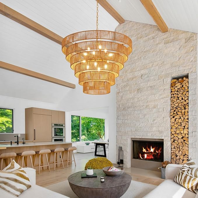 31.49" Large Rattan Chandelier Vintage Farmhouse 12-Lights Chandeliers Light Fixture Golden