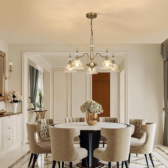 Gold Vintage 5-Light Chandelier with Crystal Glass Shade