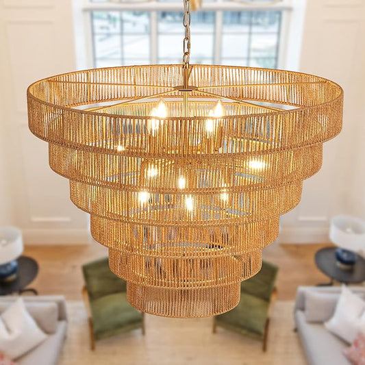 31.49" Large Rattan Chandelier Vintage Farmhouse 12-Lights Chandeliers Light Fixture Golden