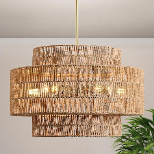 24" Boho Rattan Chandelier Light Fixture 6-Light Hand Woven Pendant Light Fixture Farmhouse Rustic