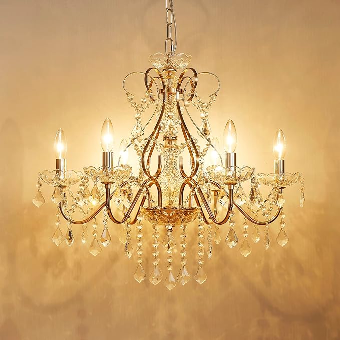 Saint Mossi 6 Light Crystal Chandelier Light Fixture Modern Chandelier Crystal Lighting, French Gold Crystal Raindrop Chandelier for Dining Room,Bedroom,Living Room, H23 x D24