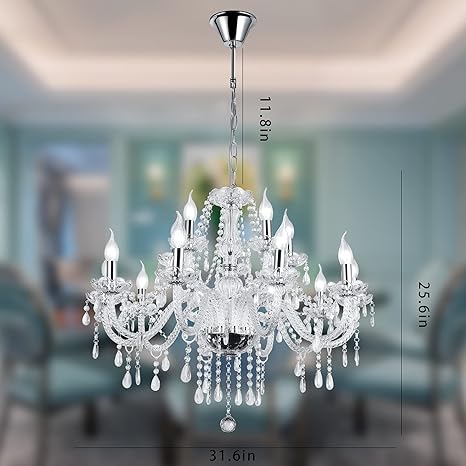 Modern Luxurious Candle Silver Crystal Chandelier, 12 Lights K9 Modern Crystal Chandelier for Dining Room, Pendant Lamp Ceiling Lighting for Living Bedroom Hall Balcony (12 Lights, Silver)