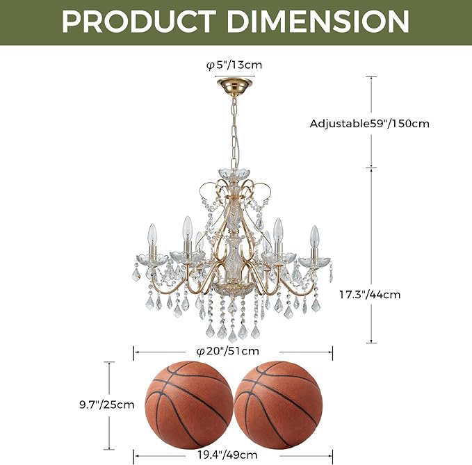 Saint Mossi 6 Light Crystal Chandelier Light Fixture Modern Chandelier Crystal Lighting, French Gold Crystal Raindrop Chandelier for Dining Room,Bedroom,Living Room, H23 x D24