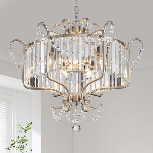 Crystal Modern Chandelier 6-Light 24" Round Brushed Nickel