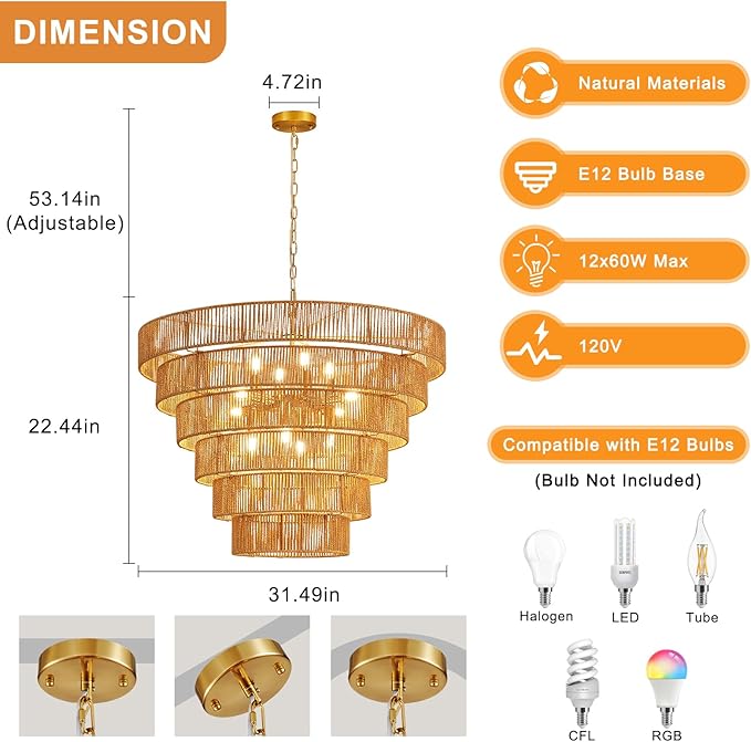 31.49" Large Rattan Chandelier Vintage Farmhouse 12-Lights Chandeliers Light Fixture Golden