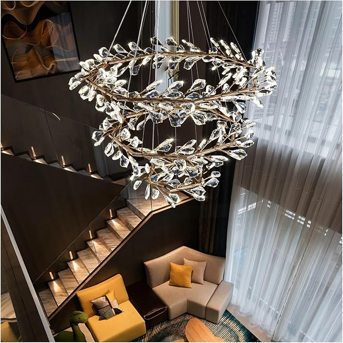 Luxury Modern Leaf Branch Round K9 Crystal Chandelier Ring for Living Room Dining Lobby Lights Vila(Cold White,60+80+100cm)