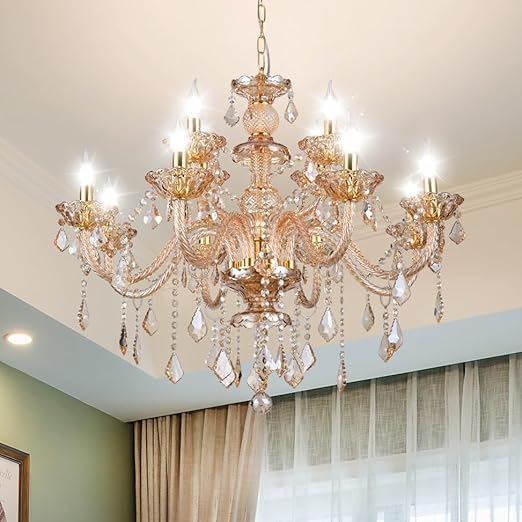 Luxury K9 Crystal Chandelier 12 Lights, Amber Gold Crystal Lighting Pendant Ceiling Fixture Modern Crystal Candle Chandeliers Lamp for Living Room, Kitchen, Foyer (12 Ligths)