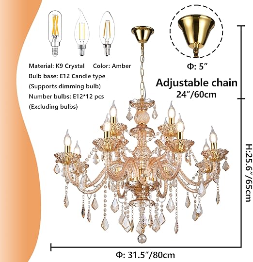 Luxury K9 Crystal Chandelier 12 Lights, Amber Gold Crystal Lighting Pendant Ceiling Fixture Modern Crystal Candle Chandeliers Lamp for Living Room, Kitchen, Foyer (12 Ligths)