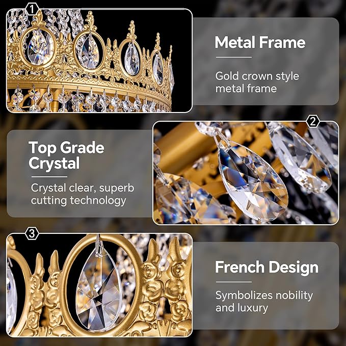 TOCHIC Gold Chandelier French Empire Crystal Chandeliers 6-Light Modern Luxury Ceiling Light Fixture 19" W x 23" H