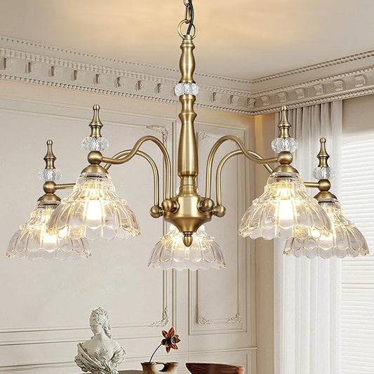 Gold Vintage 5-Light Chandelier with Crystal Glass Shade