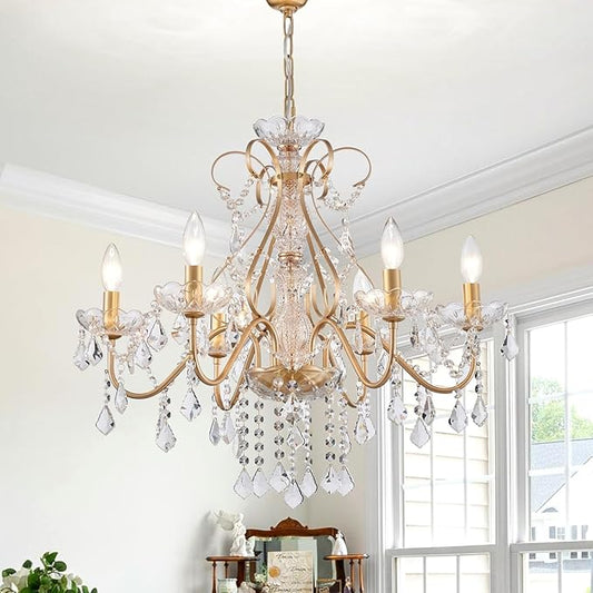 AGV LIGHTING Crystal Chandelier Gold 6-Light Candle Style Chandelier Lighting with Clear Crystal Pendants Elegant Dining Room Chandelier Light Fixture for Bedroom Living Room Foyer