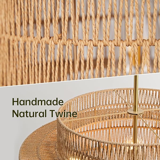 24" Boho Rattan Chandelier Light Fixture 6-Light Hand Woven Pendant Light Fixture Farmhouse Rustic