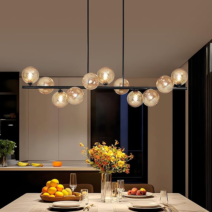 Chandeliers for Dining Room Linear Chandelier for Kitchen Island 51" Large Sputnik Linear Chandeliers with Amber Swirled Glass Large Pendant Lights Kitchen Island Dining Room Chandelier