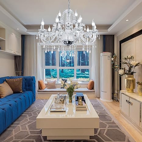 Modern Luxurious Candle Silver Crystal Chandelier, 12 Lights K9 Modern Crystal Chandelier for Dining Room, Pendant Lamp Ceiling Lighting for Living Bedroom Hall Balcony (12 Lights, Silver)