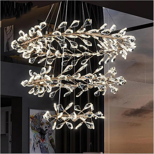Luxury Modern Leaf Branch Round K9 Crystal Chandelier Ring for Living Room Dining Lobby Lights Vila(Cold White,60+80+100cm)